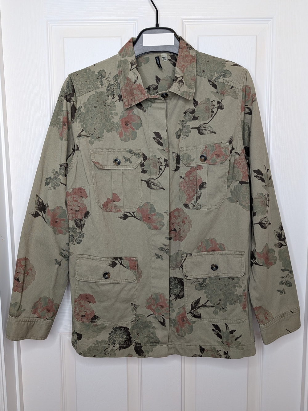 Amanda Green Women’s Floral Utility Jacket Olive Green Pink Cotton Size XL